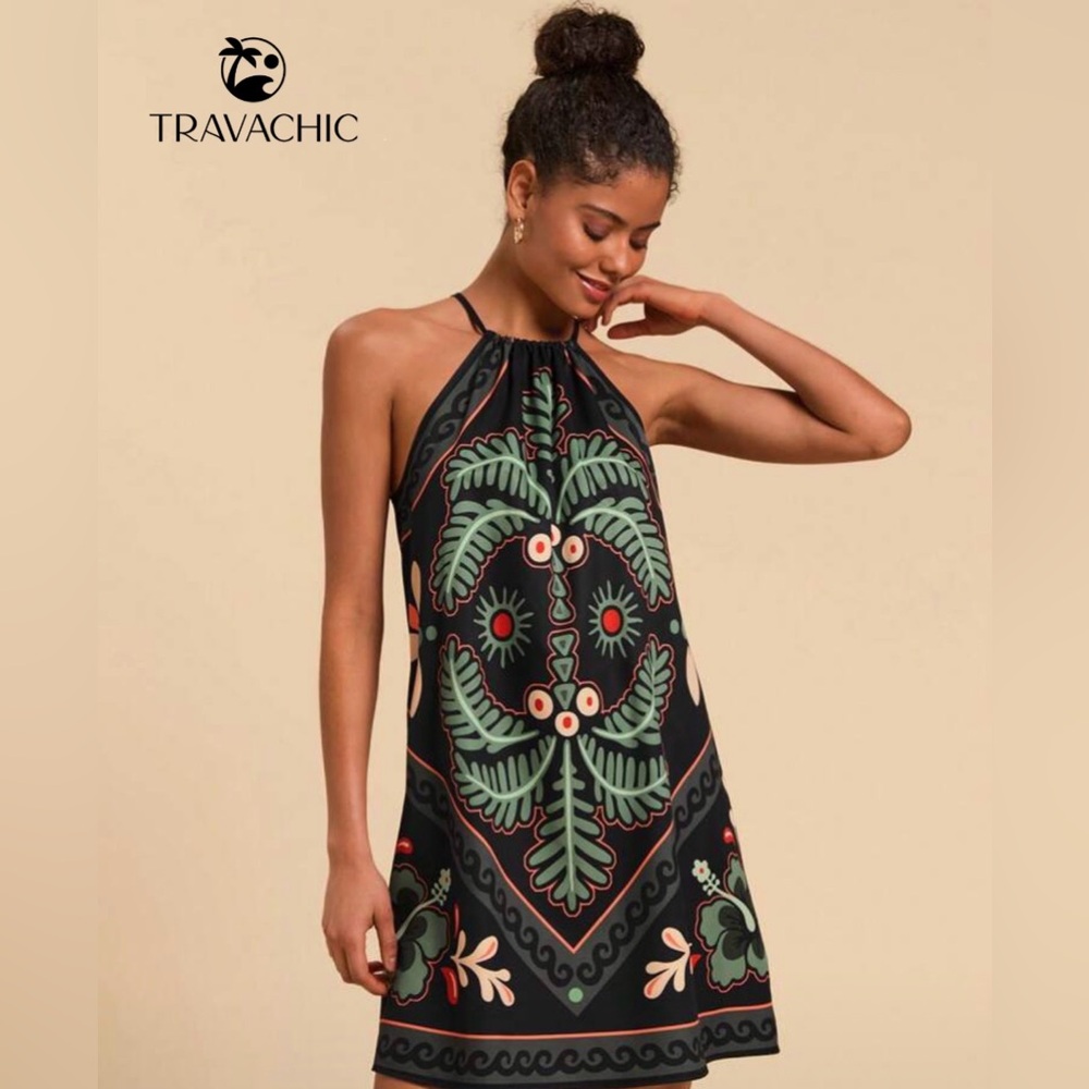 SHEIN Black Halter Neck Floral Print Mini Dress